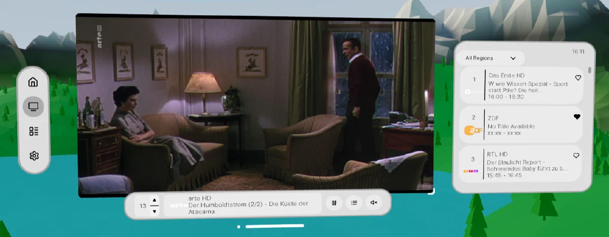 TV — Live playback with channel sidebar
